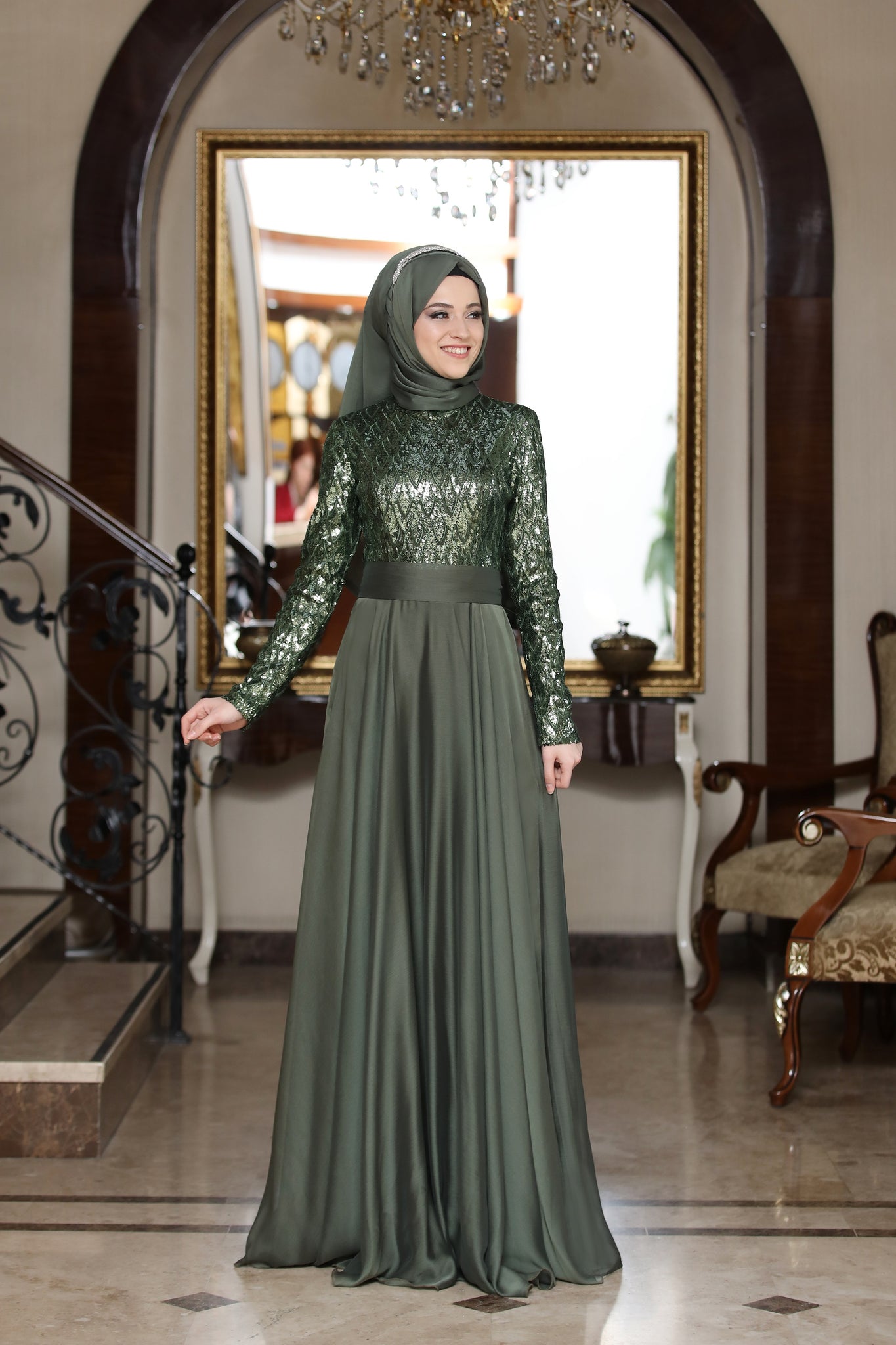 Beylem Olive Green Modest Evening Dress ...